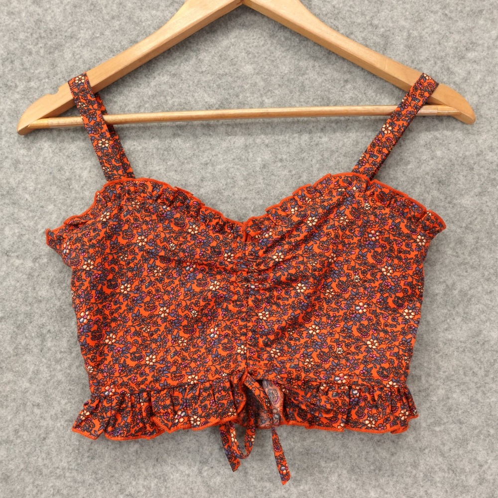 Y2K Fairy Milkmaid Crop Top Womens XS Rust Orange Floral Smock Cami Cottage Boho
